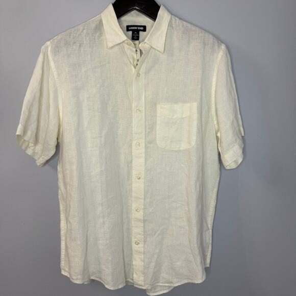Lands' End Cream Linen Short Sleeve Shirt Beach Vacation Coastal Men's M New - Picture 1 of 11